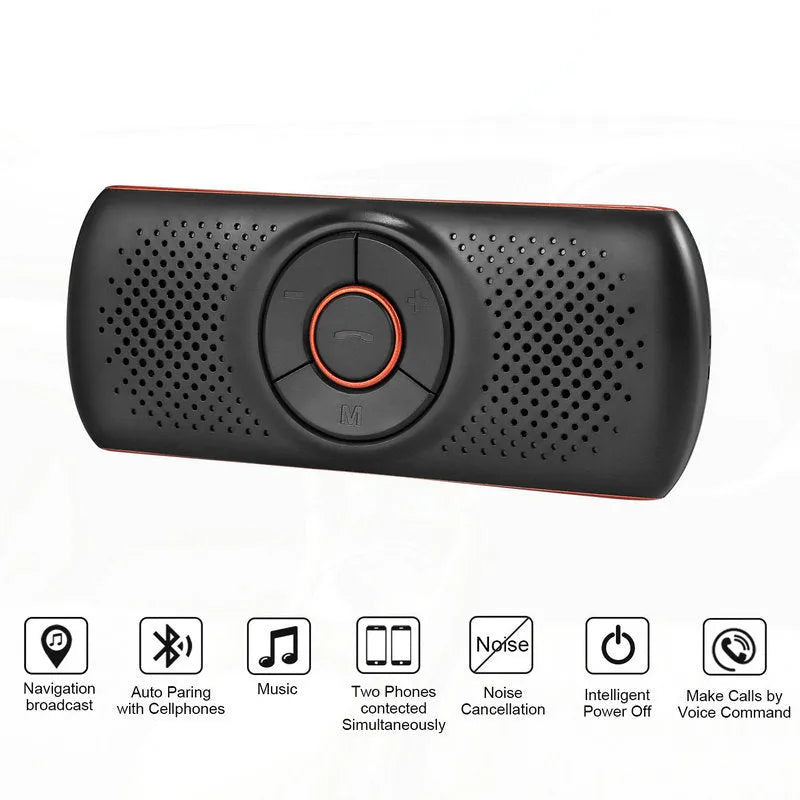 Orange Bluetooth car hands-free speaker mounted on sun visor with wireless smartphone connectivity