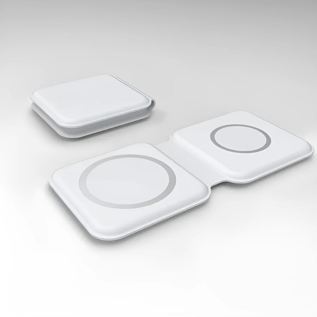 White folding dual magnetic wireless charging dock showing 180-degree angle adjustment