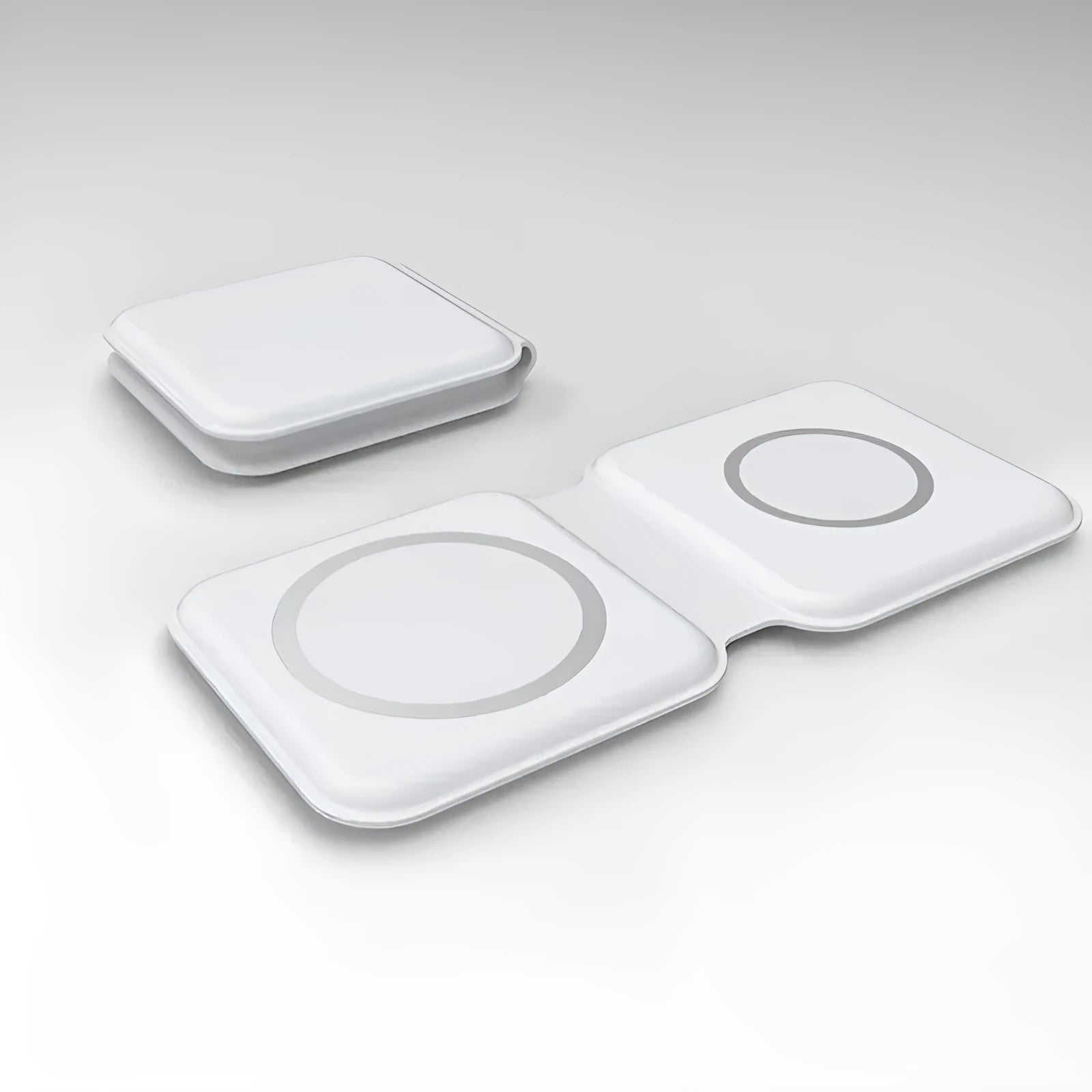 White folding dual magnetic wireless charging dock showing 180-degree angle adjustment