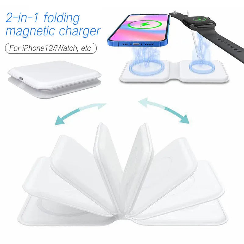 White folding dual magnetic wireless charging dock showing 180-degree angle adjustment