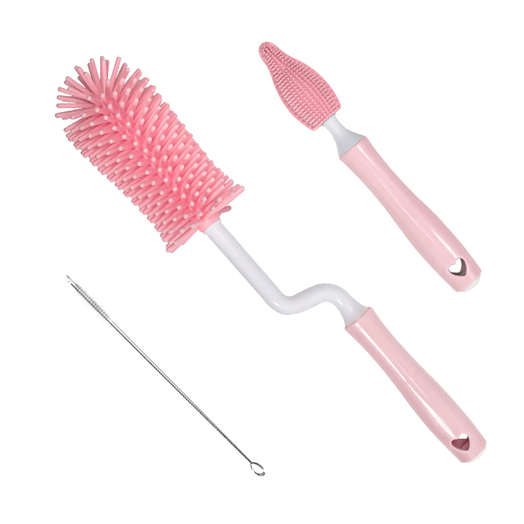 Silicone baby bottle brush cleaning set with bottle brush, straw brush, teat brush, and case in pink colour.