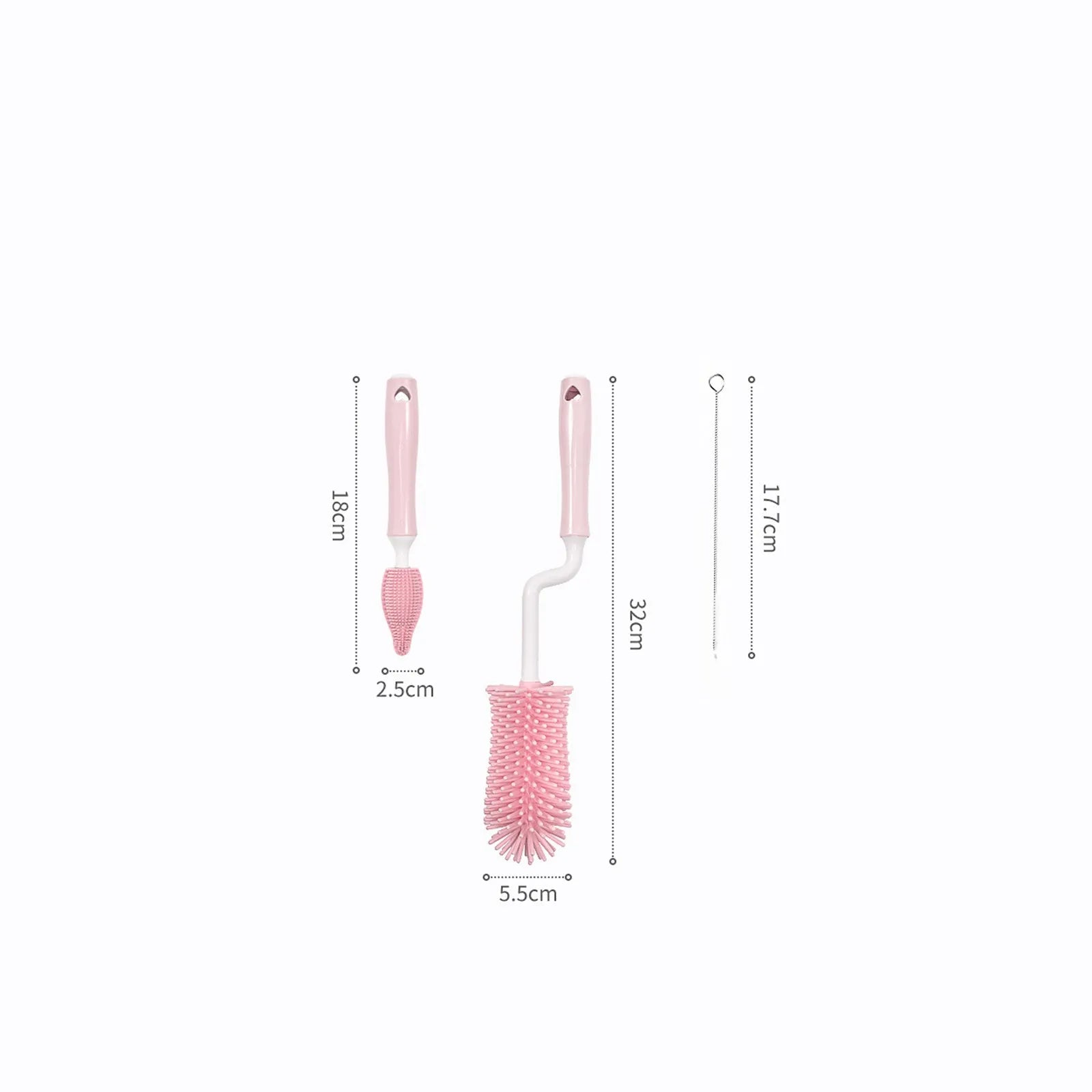 Silicone baby bottle brush cleaning set with bottle brush, straw brush, teat brush, and case in pink colour.