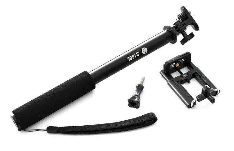 Aluminium alloy selfie stick extended with a mobile phone attached, shown in black, gold, and pink colour variants.