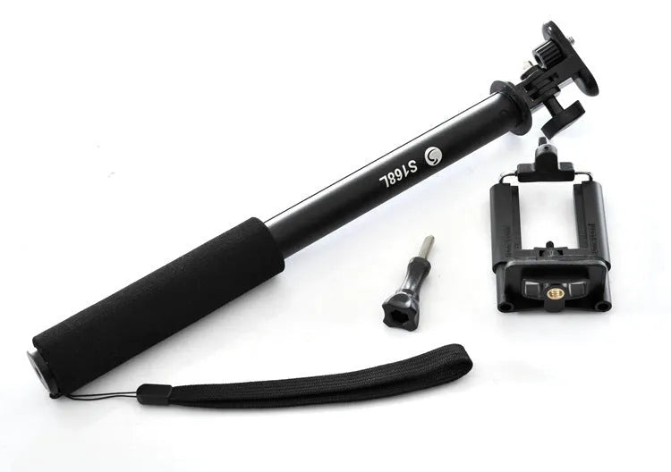 Aluminium alloy selfie stick extended with a mobile phone attached, shown in black, gold, and pink colour variants.