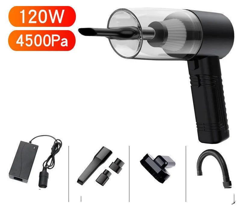 Starry Sky Black dual-use car and home vacuum cleaner with five suction head accessories and long power cord.