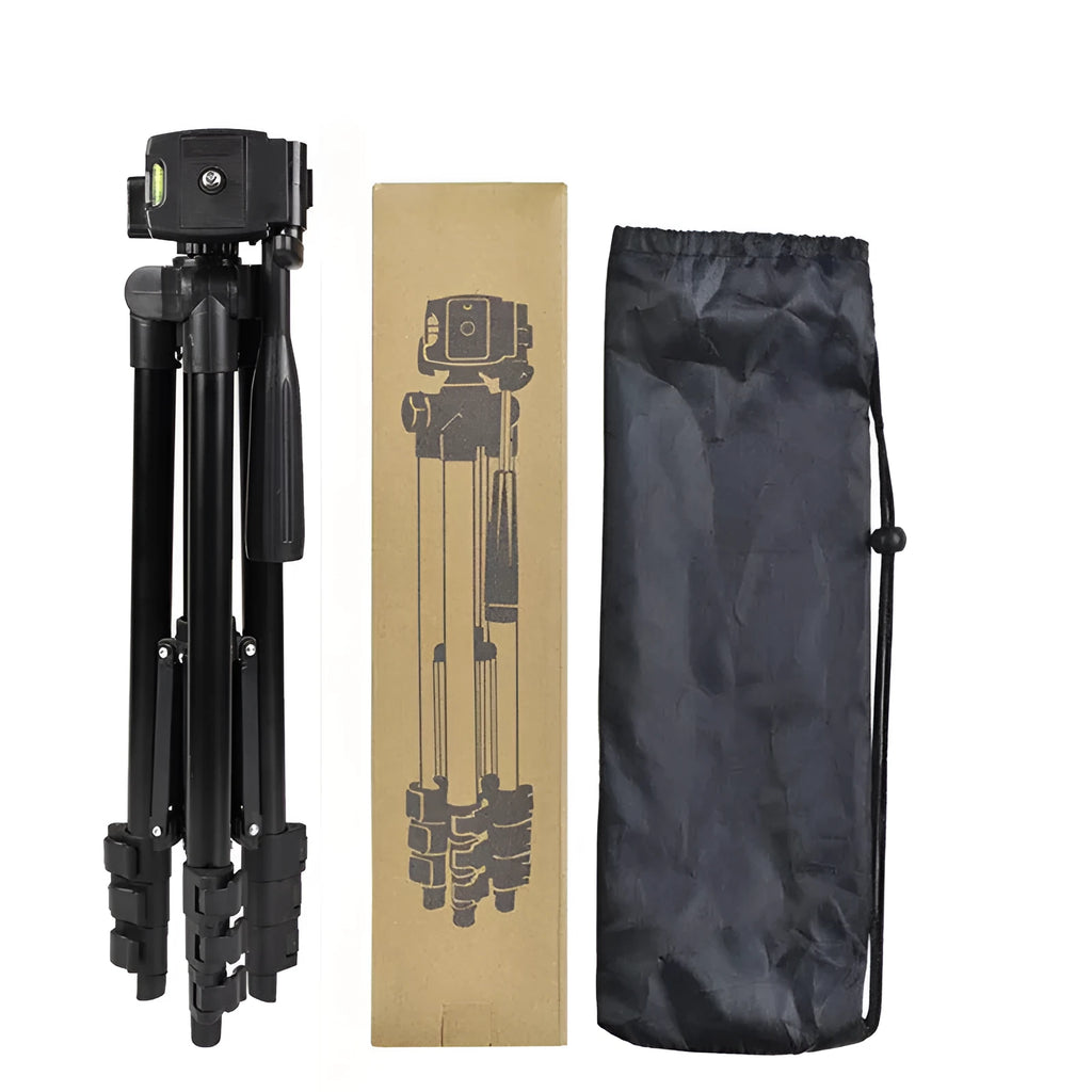 Black aluminium alloy portable tripod extended to full height with a camera mounted on its quick-release plate.