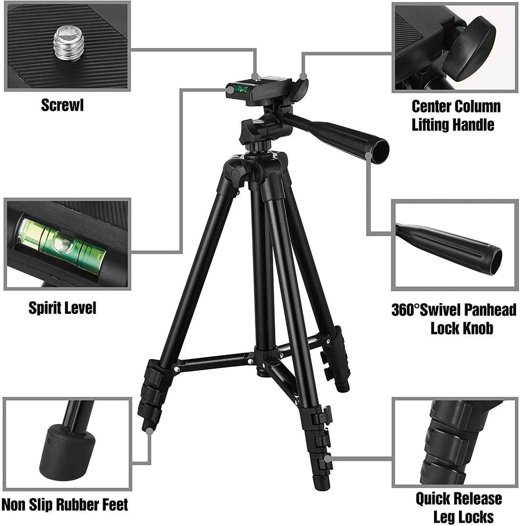 Black aluminium alloy portable tripod extended to full height with a camera mounted on its quick-release plate.