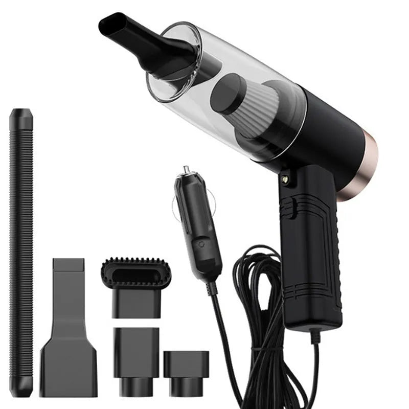 Starry Sky Black dual-use car and home vacuum cleaner with five suction head accessories and long power cord.