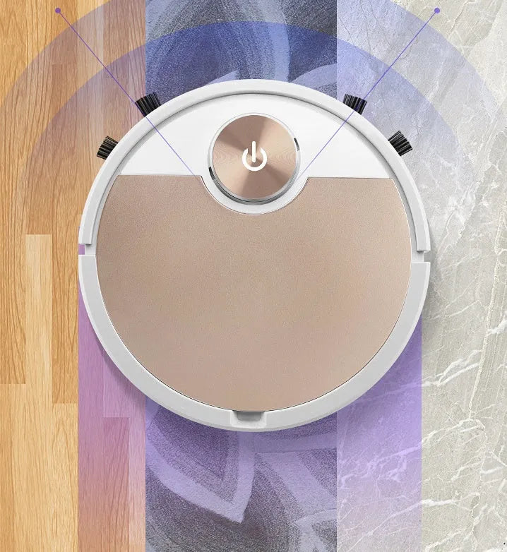 Silver or golden robot vacuum cleaner with remote control measuring 300x300x70mm
