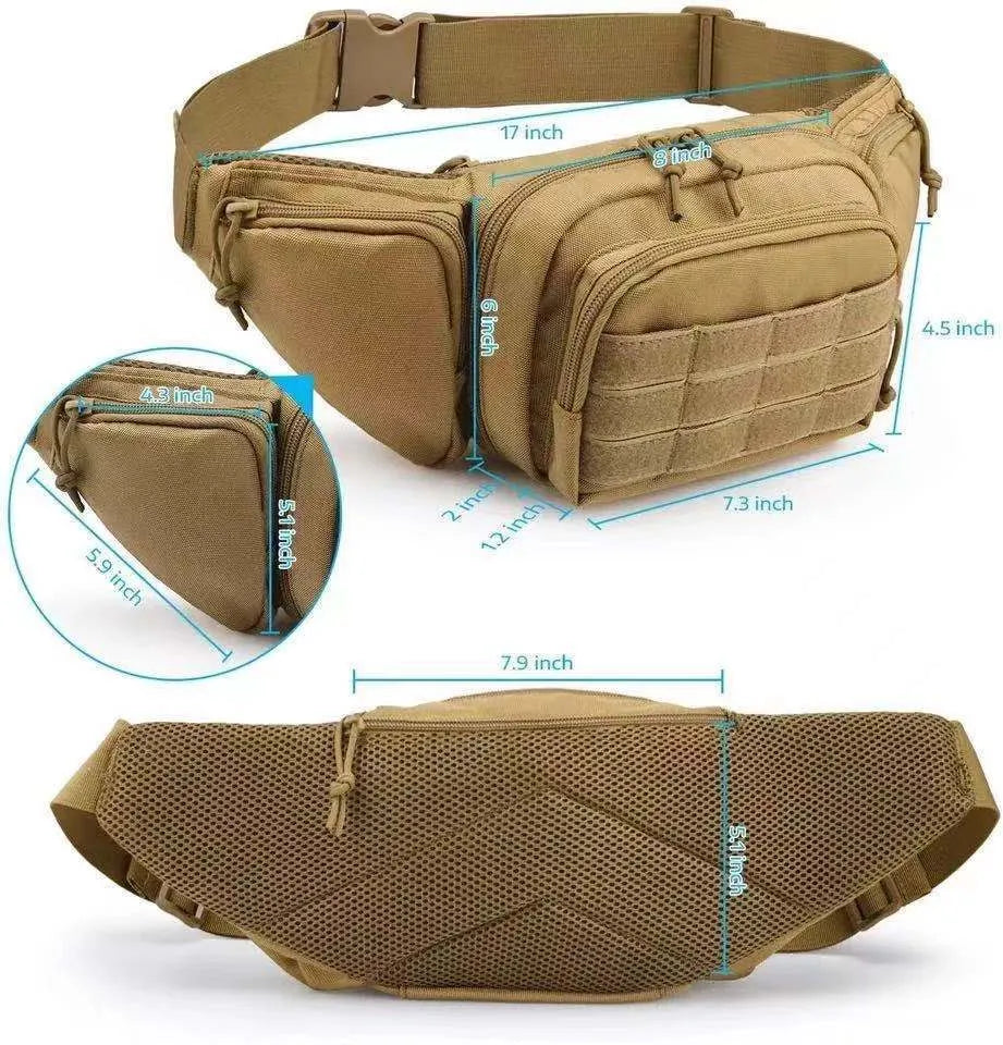 Tactical multifunctional waist bag in black colour with adjustable strap and storage compartments