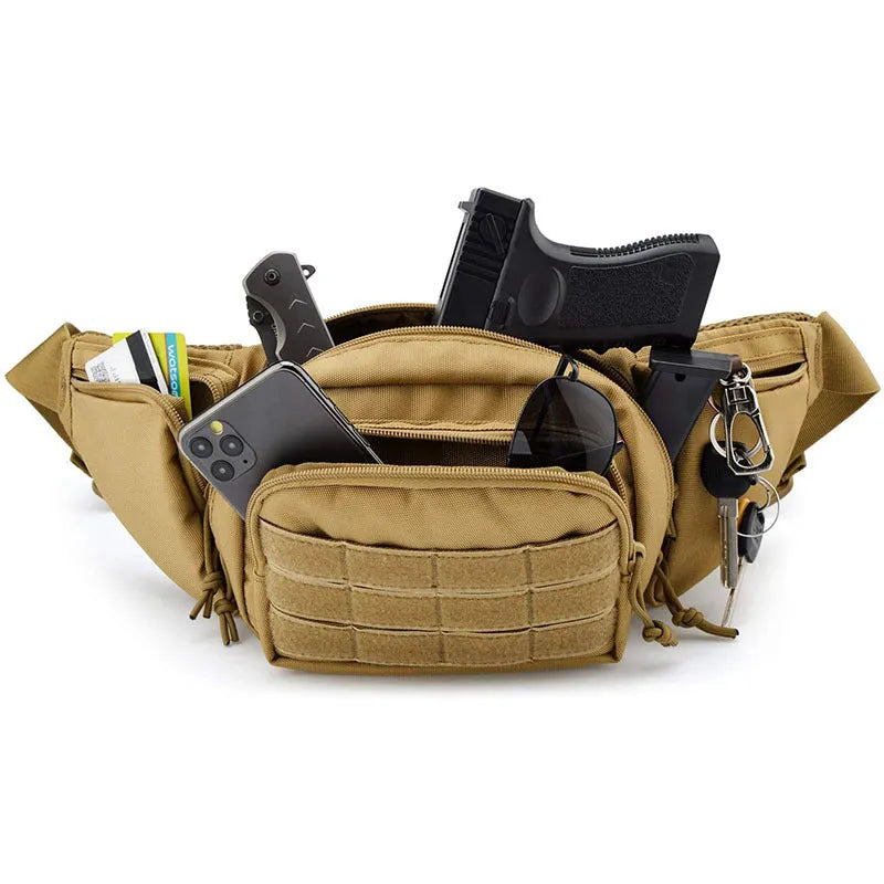 Tactical multifunctional waist bag in black colour with adjustable strap and storage compartments