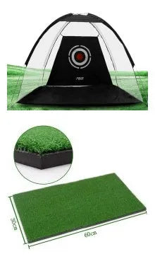 Black and green golf practice net tent set up on grass with fibreglass poles and target sheet