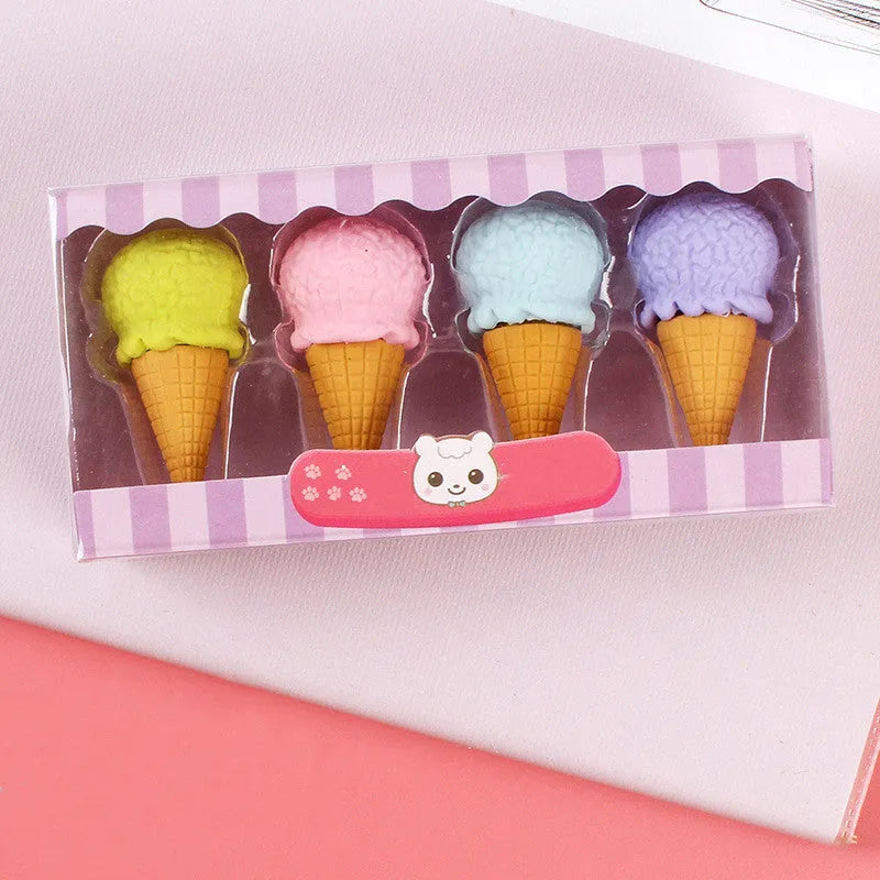 Set of 12 colourful cartoon erasers shaped like ice cream, doughnuts, and lollipops.