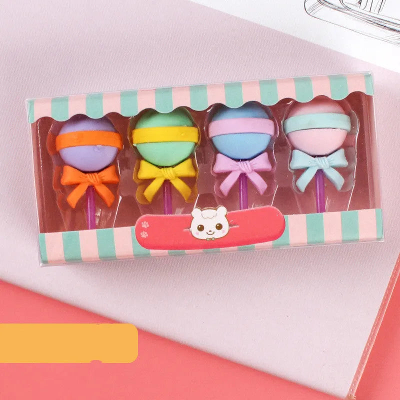 Set of 12 colourful cartoon erasers shaped like ice cream, doughnuts, and lollipops.