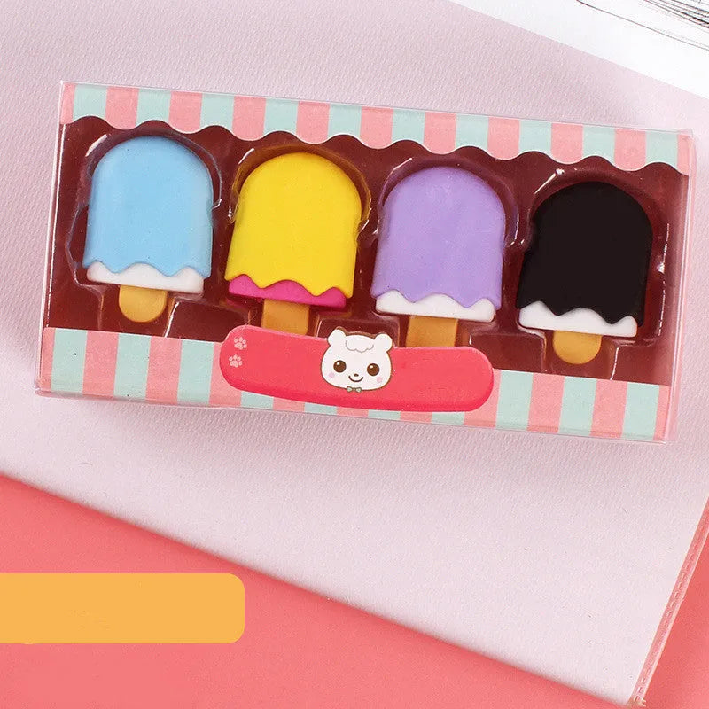 Set of 12 colourful cartoon erasers shaped like ice cream, doughnuts, and lollipops.