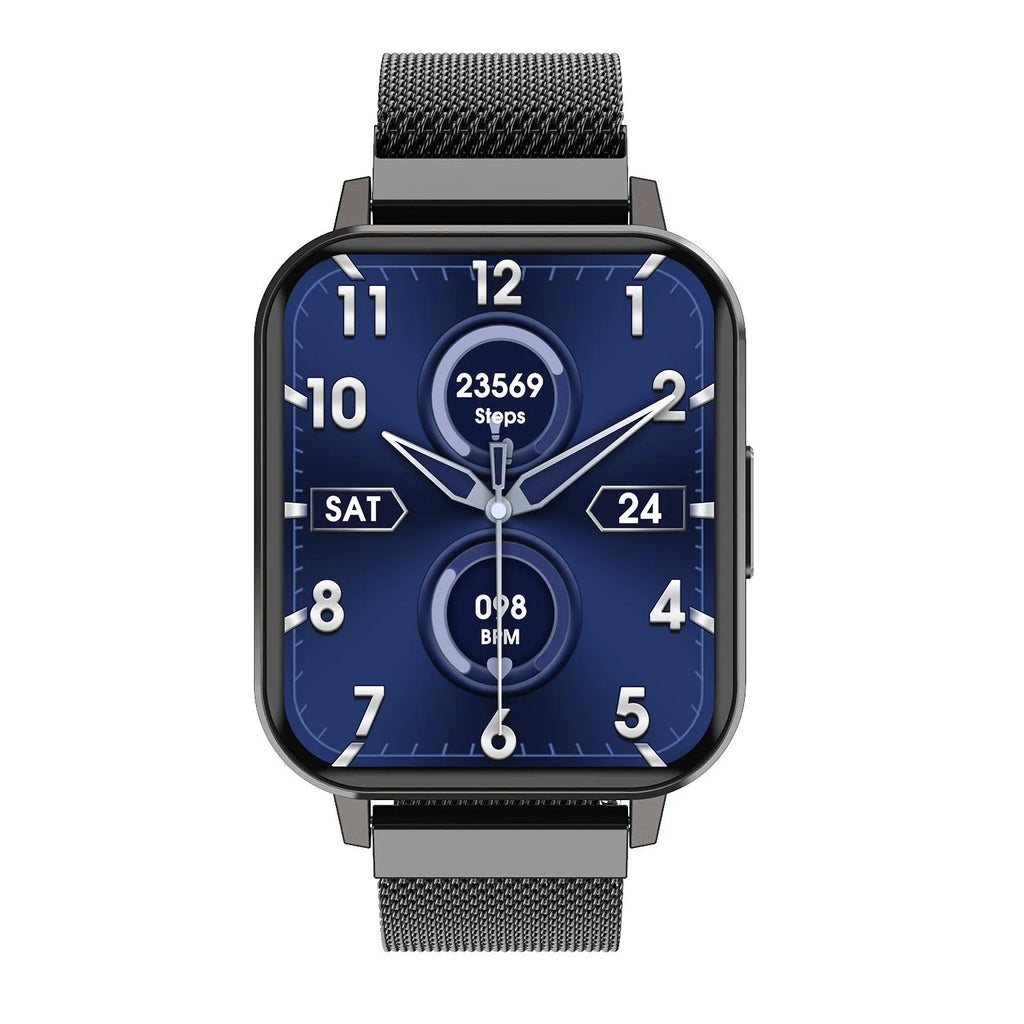 DTX smart watch with 1.78 inch screen showing health metrics on black steel wrist strap