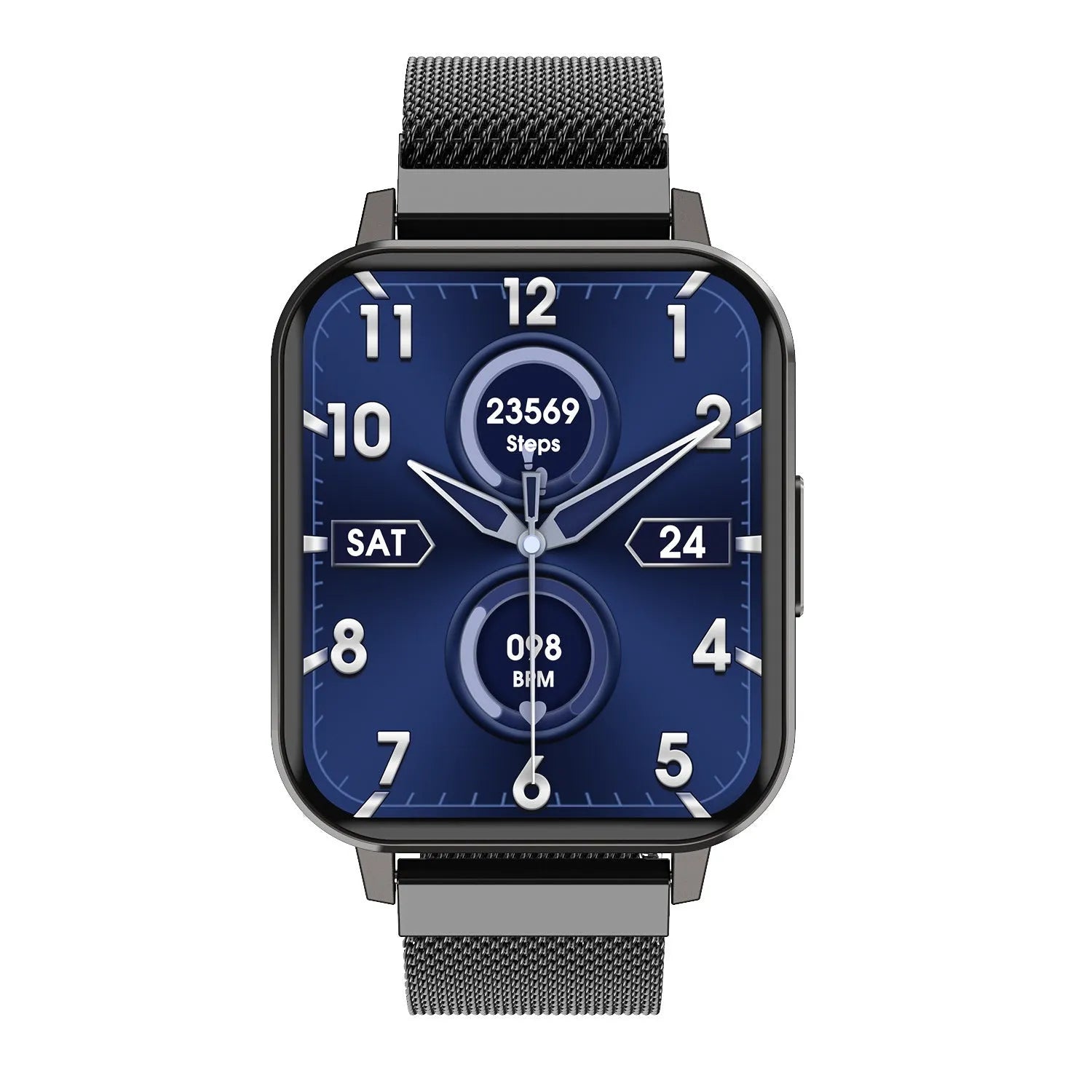 DTX smart watch with 1.78 inch screen showing health metrics on black steel wrist strap