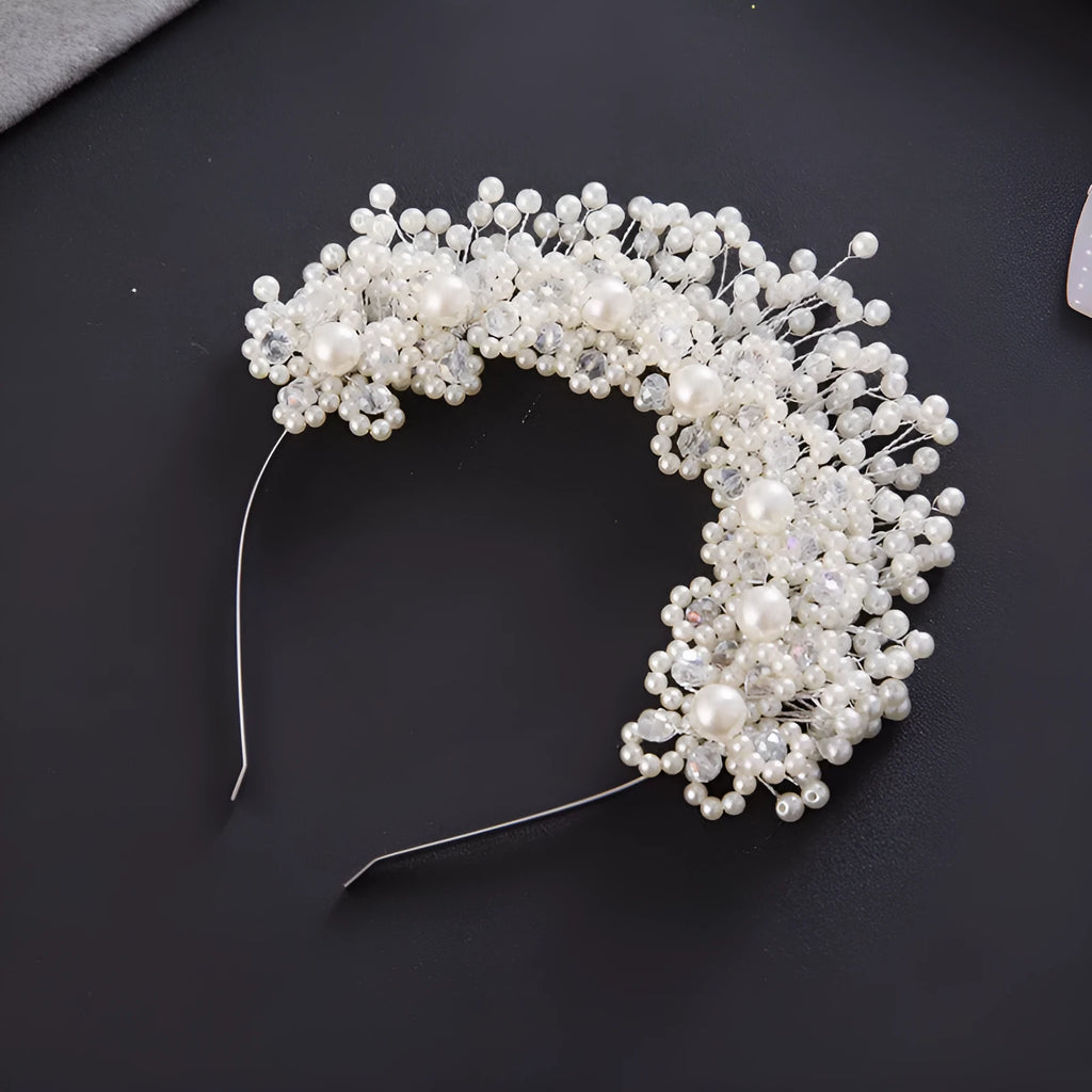 Korean bridal pearl headband hair accessories in white and gold with flower accents