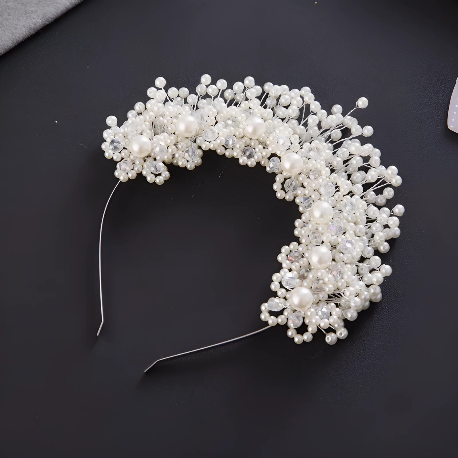 Korean bridal pearl headband hair accessories in white and gold with flower accents