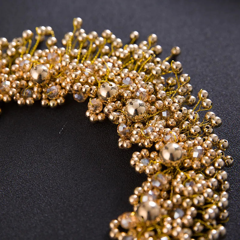 Korean bridal pearl headband hair accessories in white and gold with flower accents