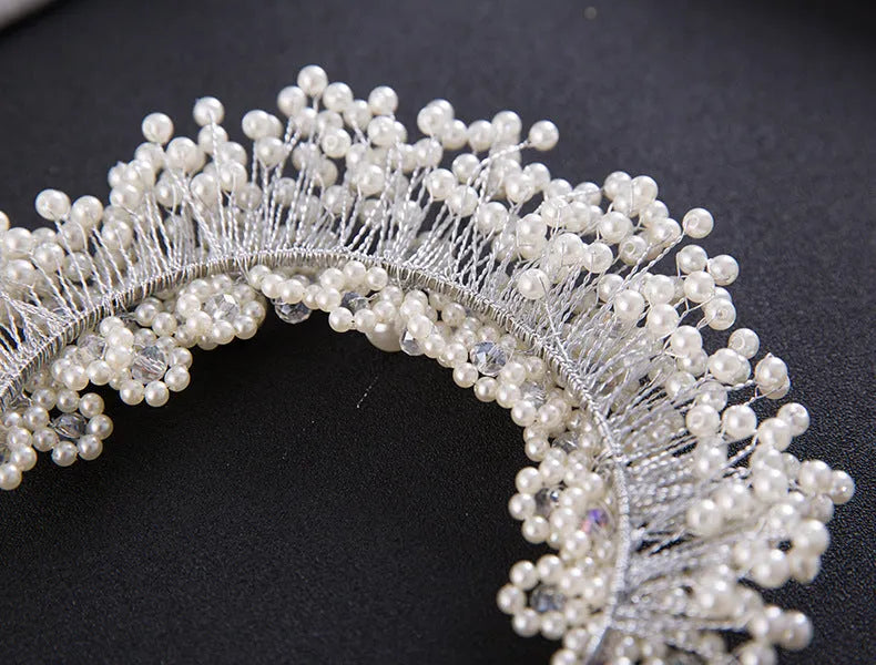 Korean bridal pearl headband hair accessories in white and gold with flower accents