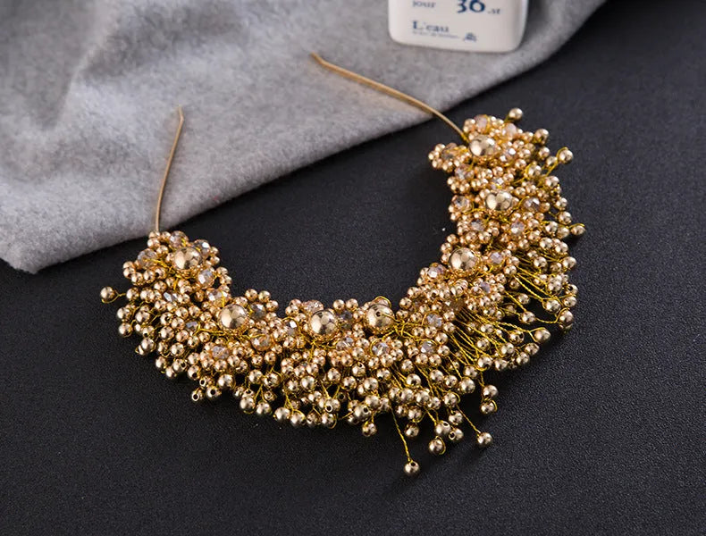 Korean bridal pearl headband hair accessories in white and gold with flower accents