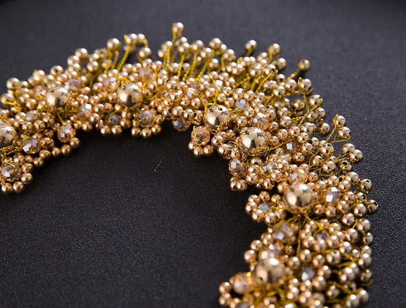 Korean bridal pearl headband hair accessories in white and gold with flower accents
