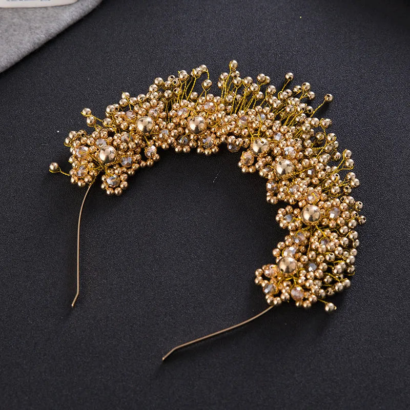 Korean bridal pearl headband hair accessories in white and gold with flower accents