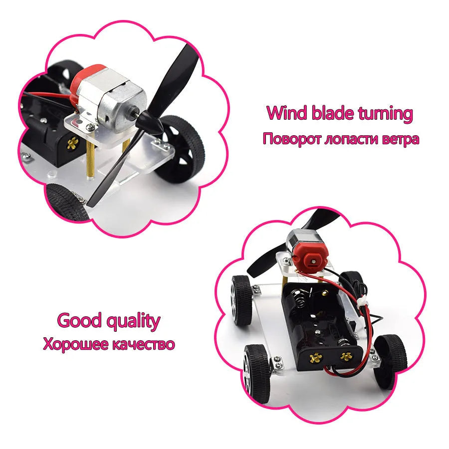 Wind Car DIY Electronic Science Kit with acrylic plastic chassis, dimensions 7.7cm by 10cm.