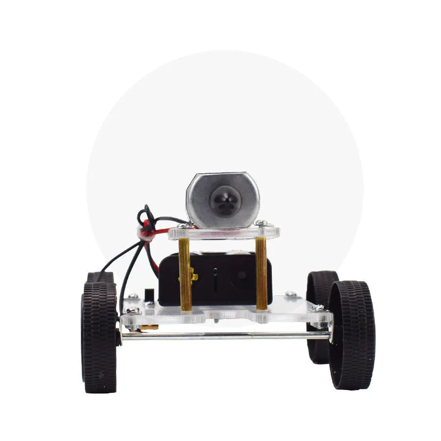 Wind Car DIY Electronic Science Kit with acrylic plastic chassis, dimensions 7.7cm by 10cm.