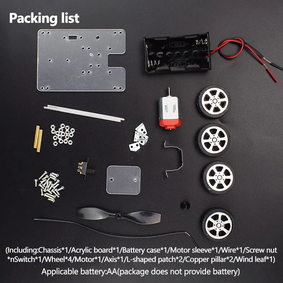 Wind Car DIY Electronic Science Kit with acrylic plastic chassis, dimensions 7.7cm by 10cm.