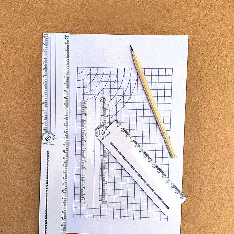White plastic multi-function angle ruler showing measurement markings and 30cm length