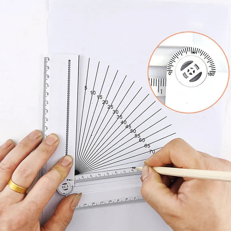 White plastic multi-function angle ruler showing measurement markings and 30cm length
