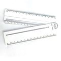White plastic multi-function angle ruler showing measurement markings and 30cm length