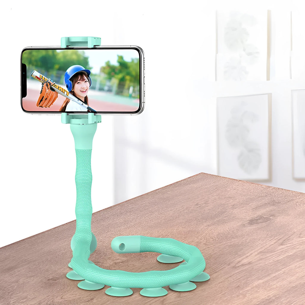 Flexible 62cm long rubber phone holder with suction cup mounted on a bicycle handlebar