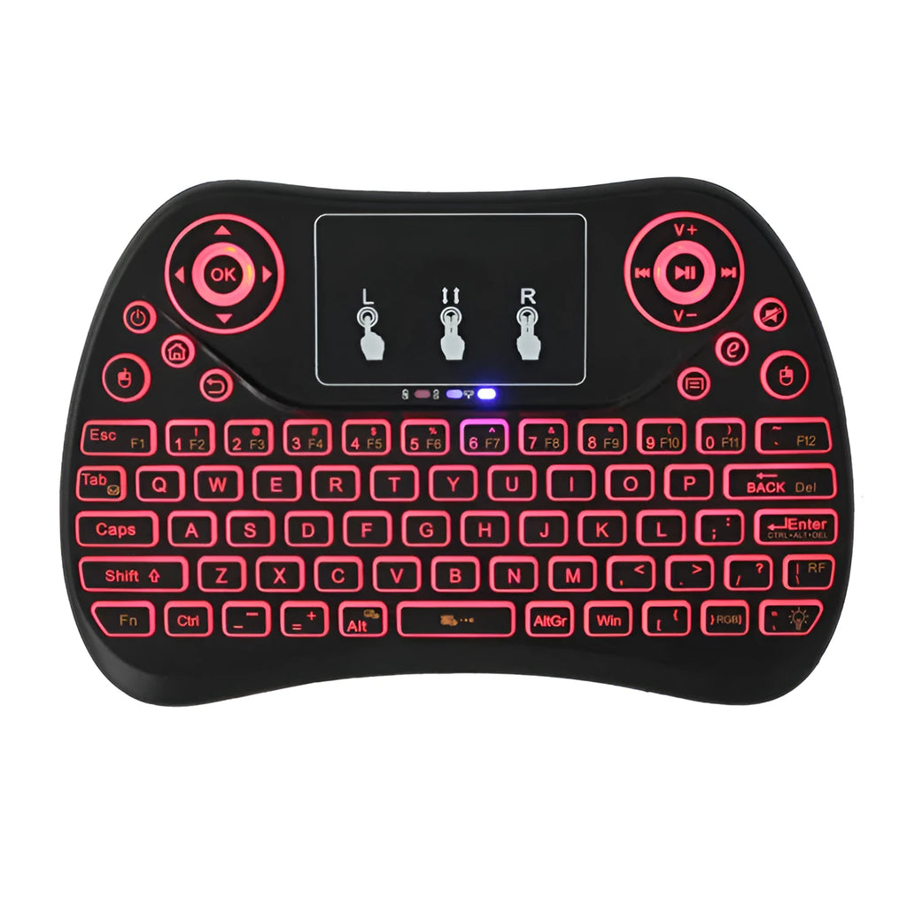 Flying Squirrel brand mini wireless keyboard with multi-colour backlit keys on English layout