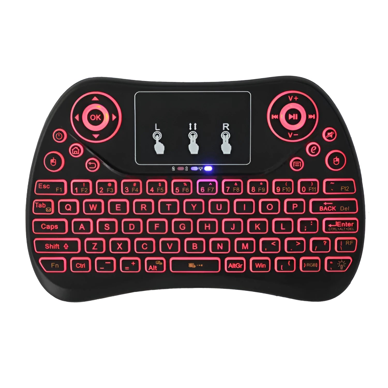 Flying Squirrel brand mini wireless keyboard with multi-colour backlit keys on English layout