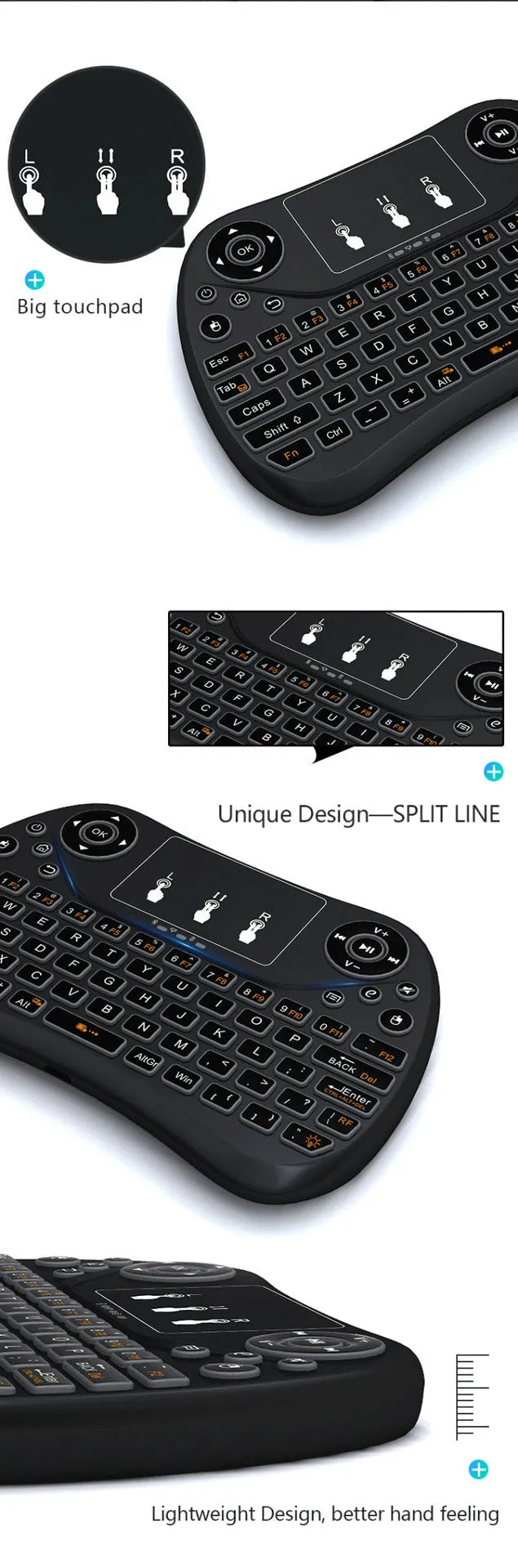 Flying Squirrel brand mini wireless keyboard with multi-colour backlit keys on English layout