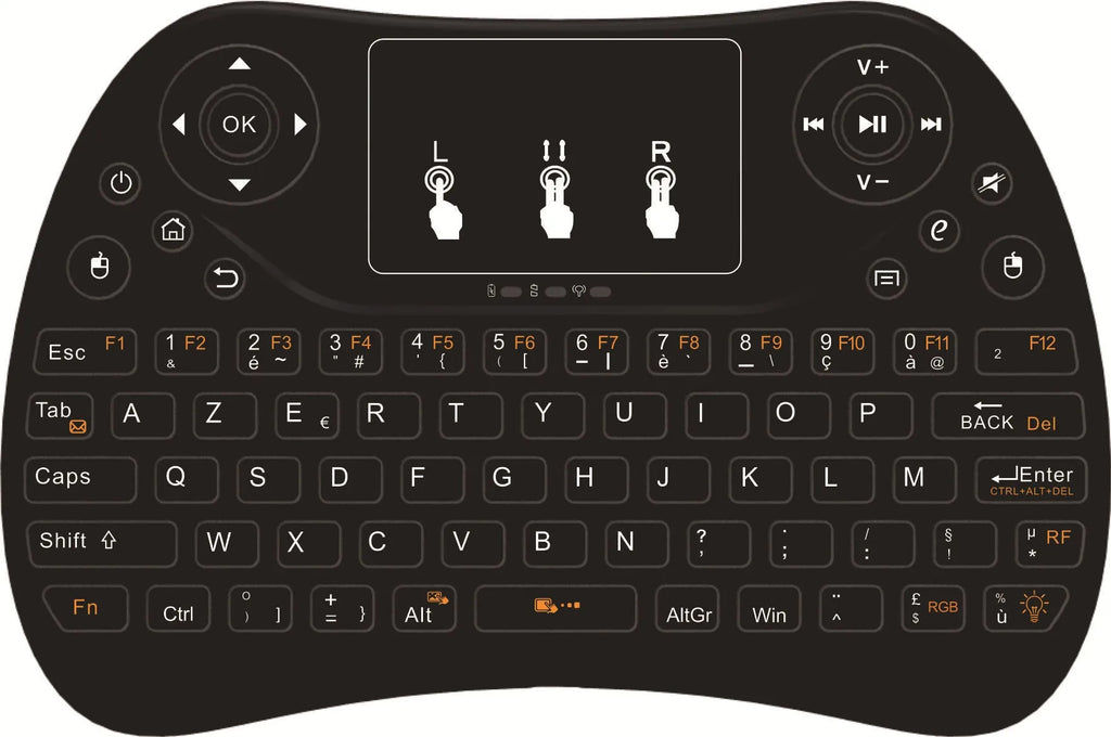 Flying Squirrel brand mini wireless keyboard with multi-colour backlit keys on English layout