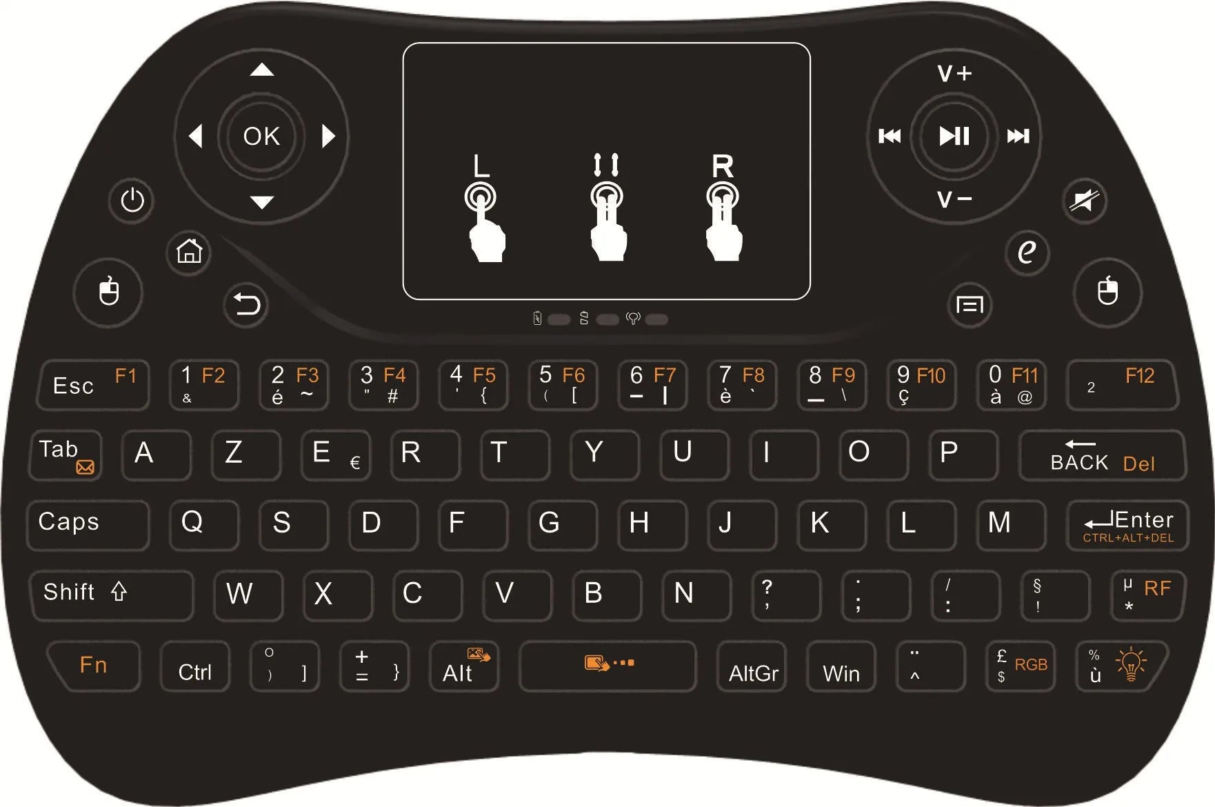 Flying Squirrel brand mini wireless keyboard with multi-colour backlit keys on English layout