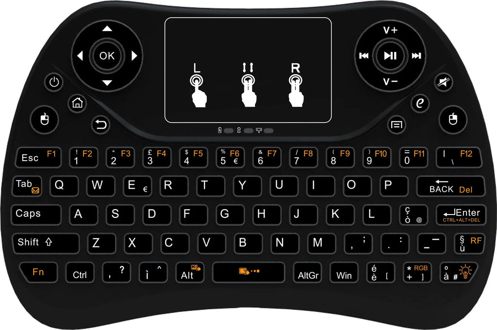 Flying Squirrel brand mini wireless keyboard with multi-colour backlit keys on English layout