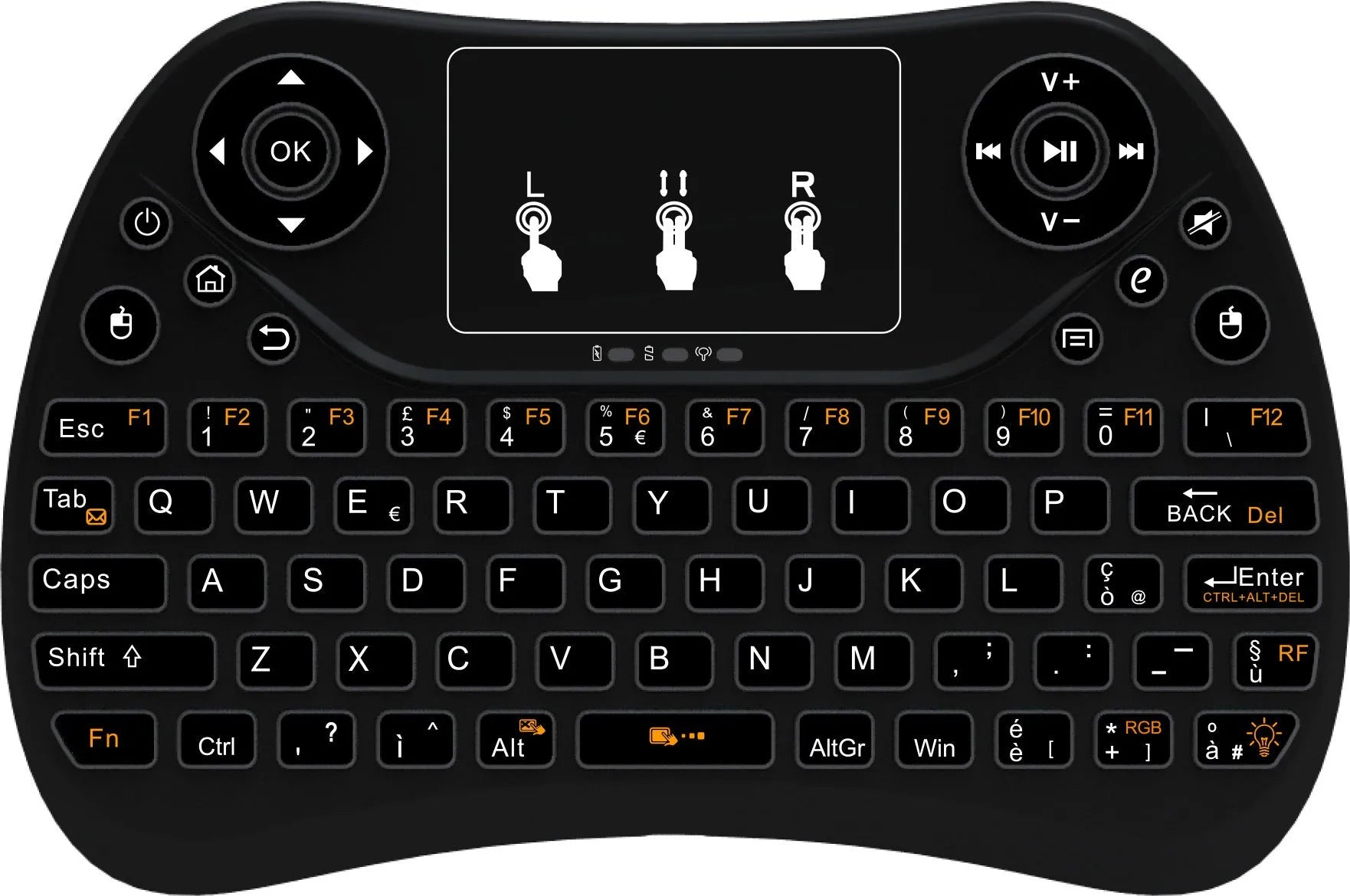 Flying Squirrel brand mini wireless keyboard with multi-colour backlit keys on English layout