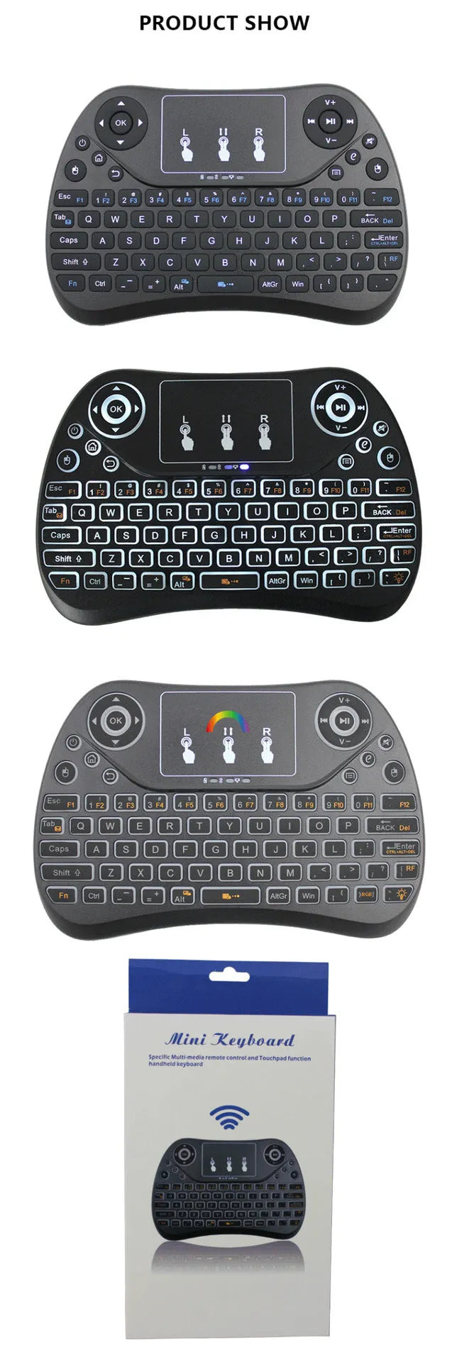 Flying Squirrel brand mini wireless keyboard with multi-colour backlit keys on English layout