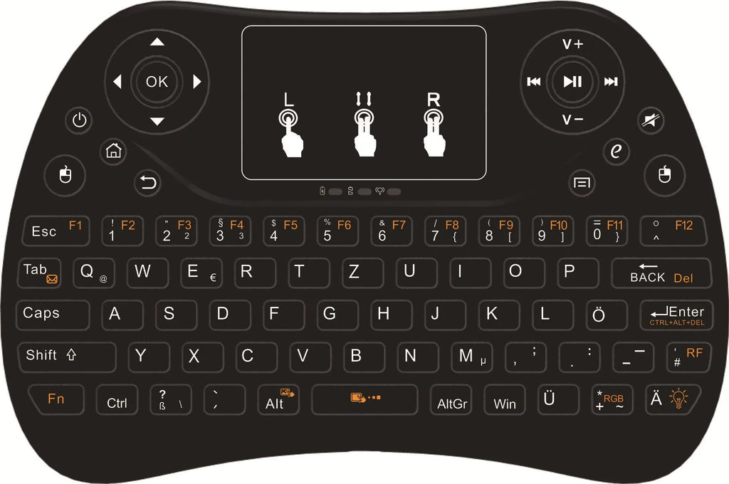Flying Squirrel brand mini wireless keyboard with multi-colour backlit keys on English layout