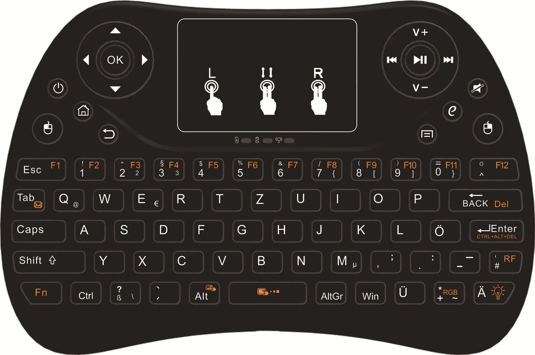 Flying Squirrel brand mini wireless keyboard with multi-colour backlit keys on English layout