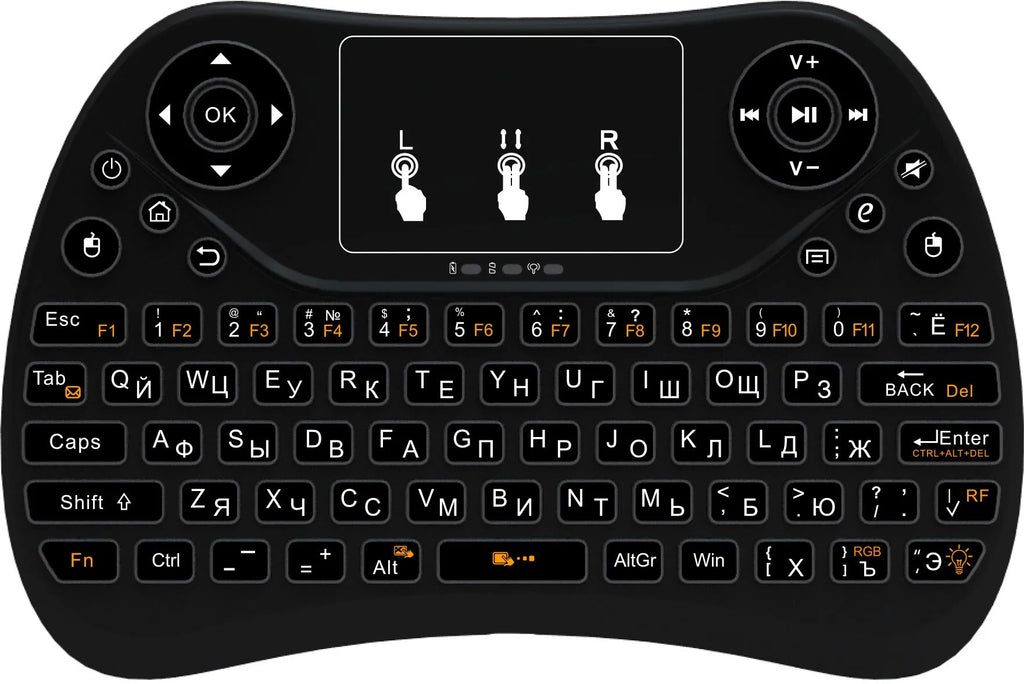 Flying Squirrel brand mini wireless keyboard with multi-colour backlit keys on English layout