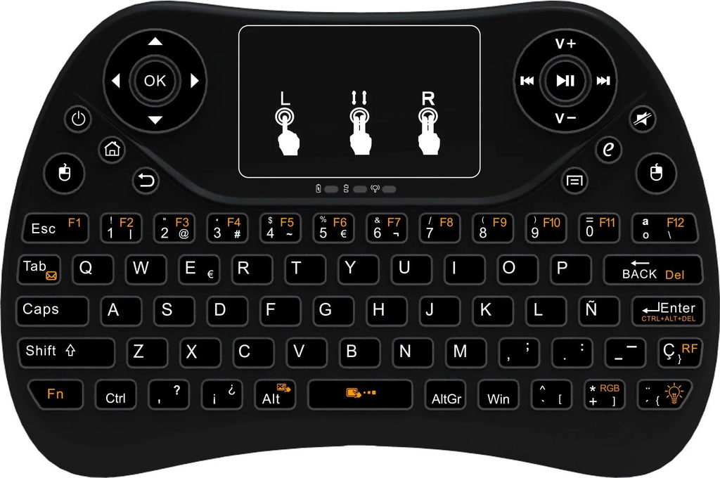 Flying Squirrel brand mini wireless keyboard with multi-colour backlit keys on English layout