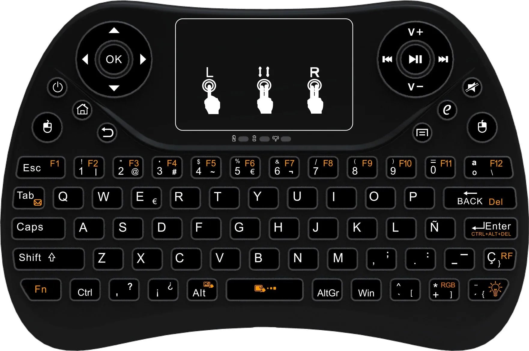 Flying Squirrel brand mini wireless keyboard with multi-colour backlit keys on English layout