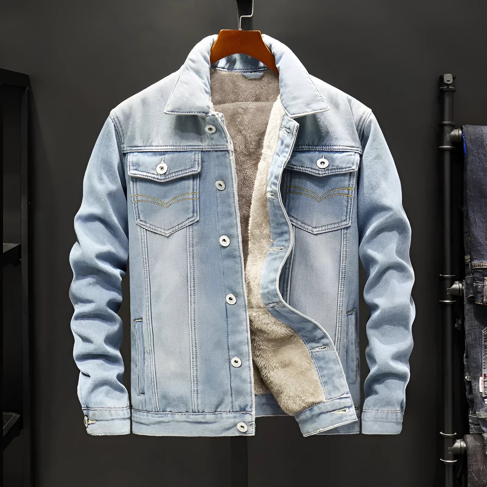 Men's casual denim jacket in dark blue with Korean gown style, long sleeves, and button front