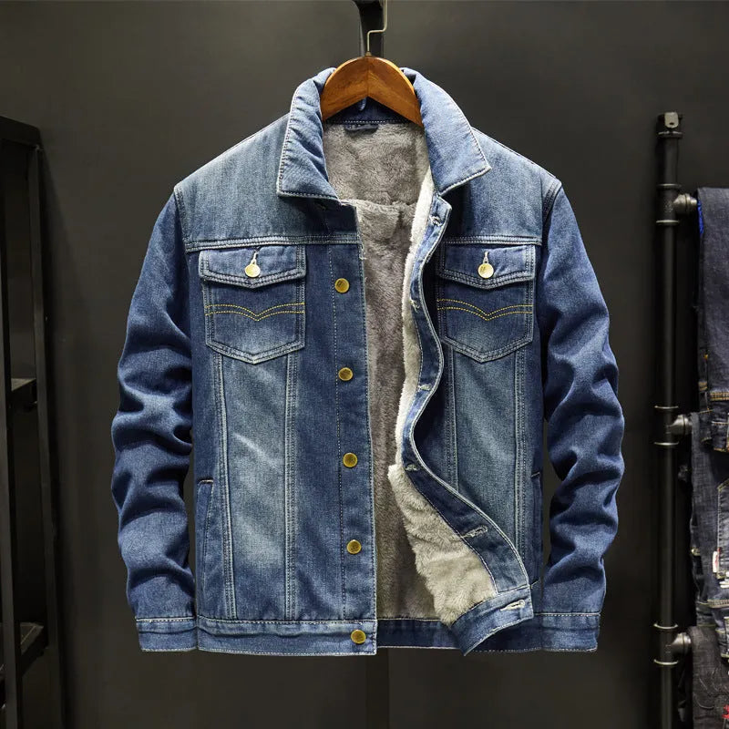 Men's casual denim jacket in dark blue with Korean gown style, long sleeves, and button front